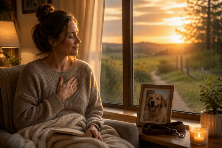 Animal guardian reflecting on a missing dog while sitting beside a framed photo near a window.