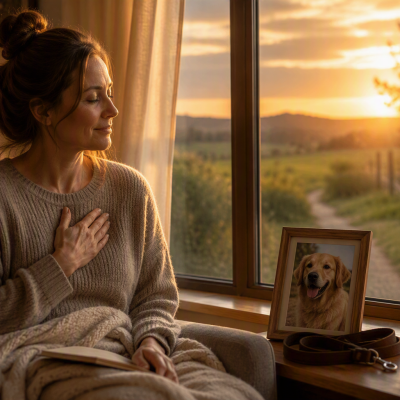 Animal guardian reflecting on a missing dog while sitting beside a framed photo near a window.